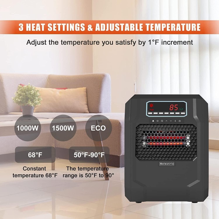 Portable Electric Space Heater, Six Infrared Quartz Heat Element, Black