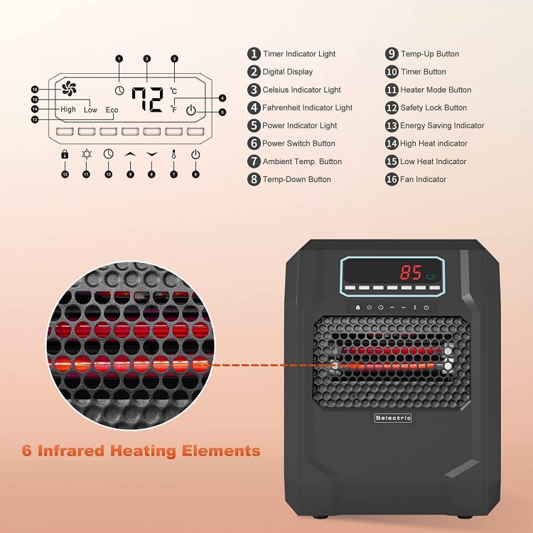 Portable Electric Space Heater, Six Infrared Quartz Heat Element, Black