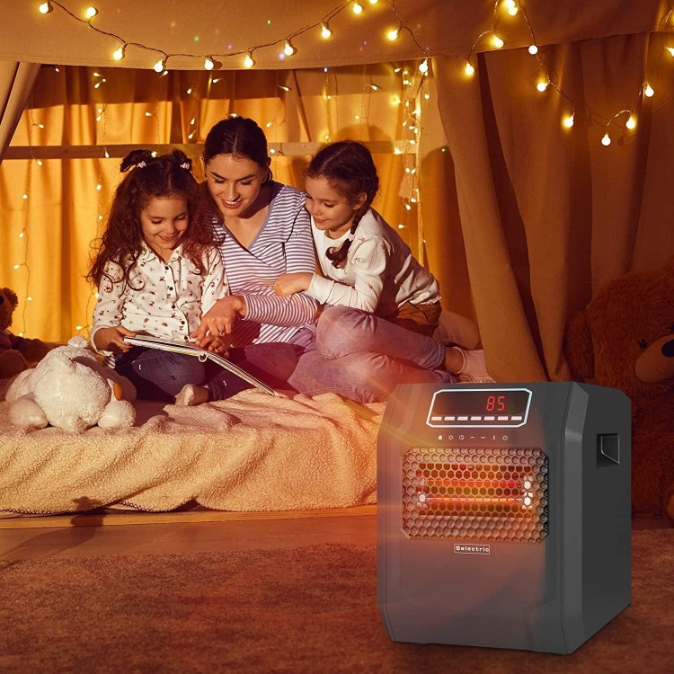 Portable Electric Space Heater, Six Infrared Quartz Heat Element, Black