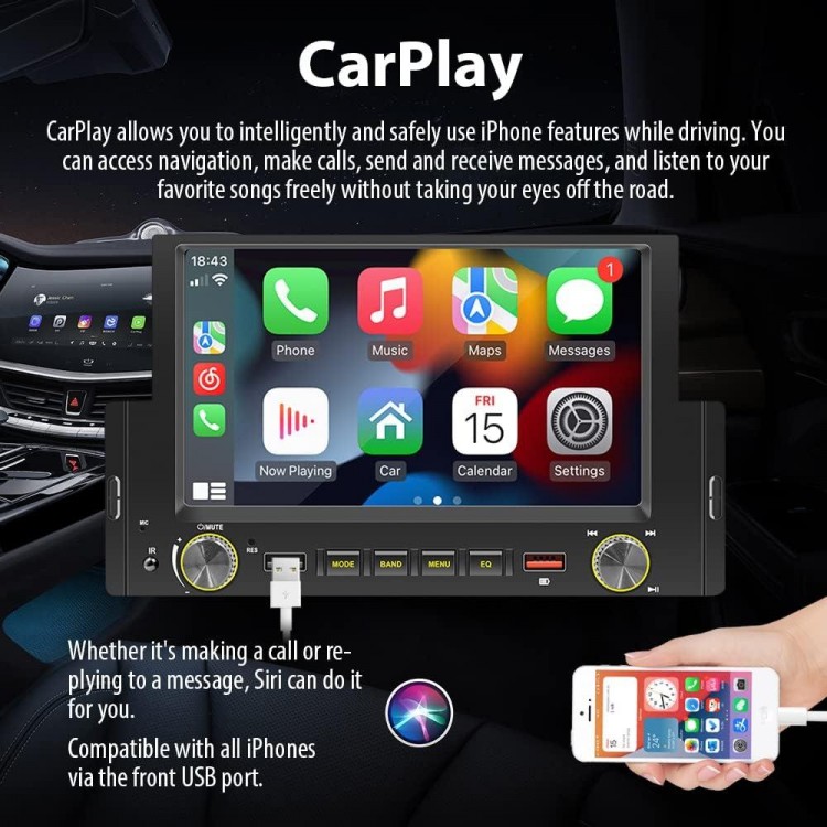 Single Din Car Stereo with 6.2 Inch IPS Full HD Touchscreen, Apple CarPlay/Android Auto/Phone Mirror-Link, FM Radio