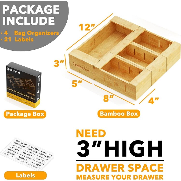 SpaceAid Bag Storage Organizer for Kitchen Drawer, Bamboo Organizer