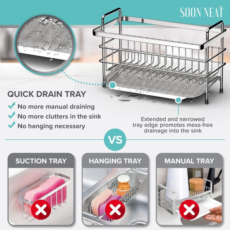 Soon Neat Kitchen Sink Caddy-Quick Draining, Stainless Steel Tray