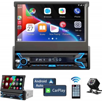 Single Din Car Stereo Compatible with Apple Carplay & Android Auto, 7 Inch Flip Out Touchscreen Car Radio 