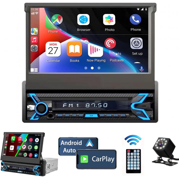 Single Din Car Stereo Compatible with Apple Carplay & Android Auto, 7 Inch Flip Out Touchscreen Car Radio 