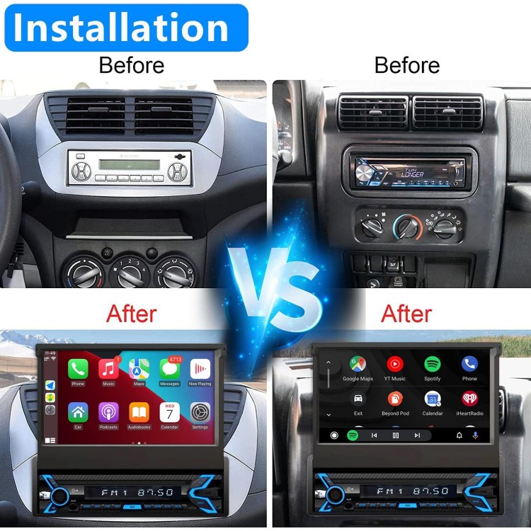 Single Din Car Stereo Compatible with Apple Carplay & Android Auto, 7 Inch Flip Out Touchscreen Car Radio 