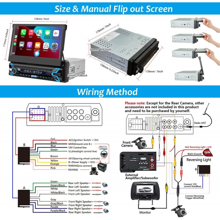 Single Din Car Stereo Compatible with Apple Carplay & Android Auto, 7 Inch Flip Out Touchscreen Car Radio 