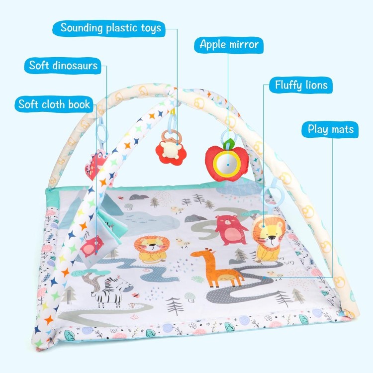 DIPALENT Baby Play Gym Mat with 5 Toys,Animal Jungle Theme Design