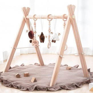 Razee Wooden Baby Play Gym Play Mat, With 6 Hanging Sensory Toys Foldable Baby Gym