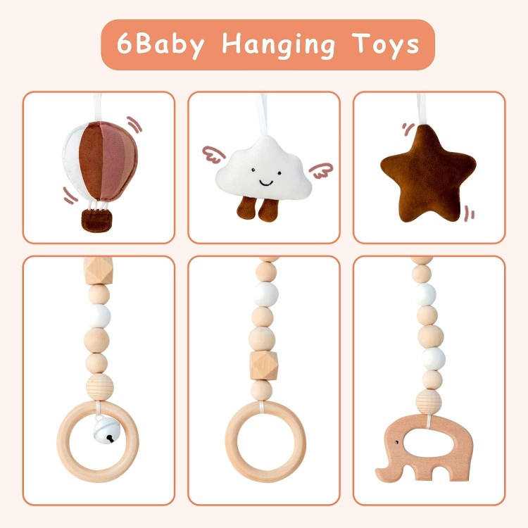 Razee Wooden Baby Play Gym Play Mat, With 6 Hanging Sensory Toys Foldable Baby Gym