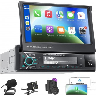 Single Din Car Stereo with Apple Carplay and Android Auto, 7 Inch Flip Out Screen Car Stereo with Backup Camera