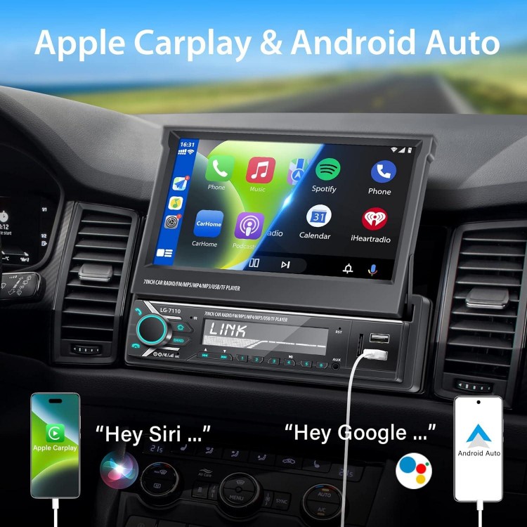 Single Din Car Stereo with Apple Carplay and Android Auto, 7 Inch Flip Out Screen Car Stereo with Backup Camera