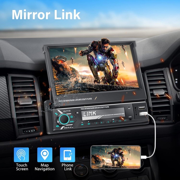 Single Din Car Stereo with Apple Carplay and Android Auto, 7 Inch Flip Out Screen Car Stereo with Backup Camera