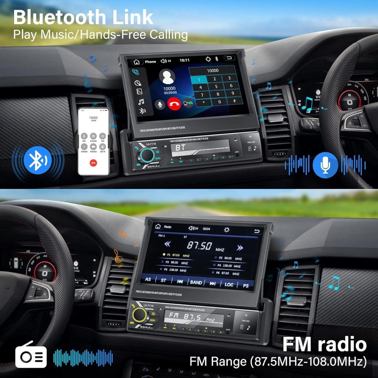 Single Din Car Stereo with Apple Carplay and Android Auto, 7 Inch Flip Out Screen Car Stereo with Backup Camera