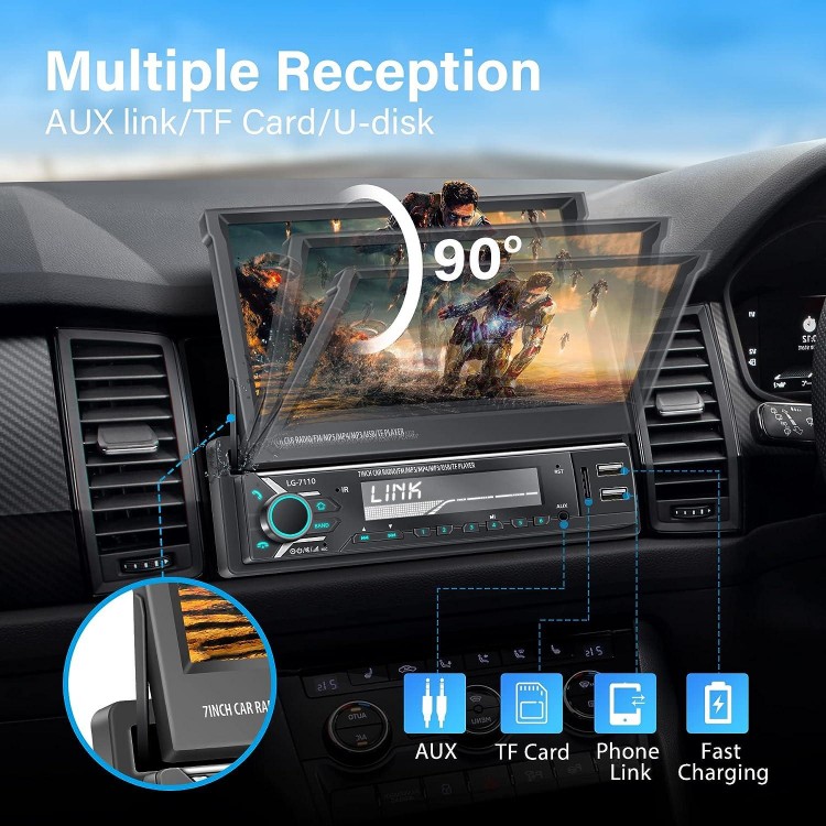 Single Din Car Stereo with Apple Carplay and Android Auto, 7 Inch Flip Out Screen Car Stereo with Backup Camera