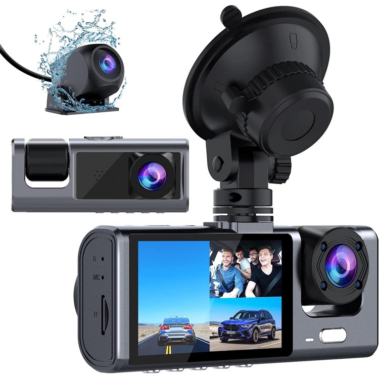 3 Channel Dash Cam Front and Rear Inside, 1080P Dash Camera for Cars, Dashcam Three Way Triple Car Camera