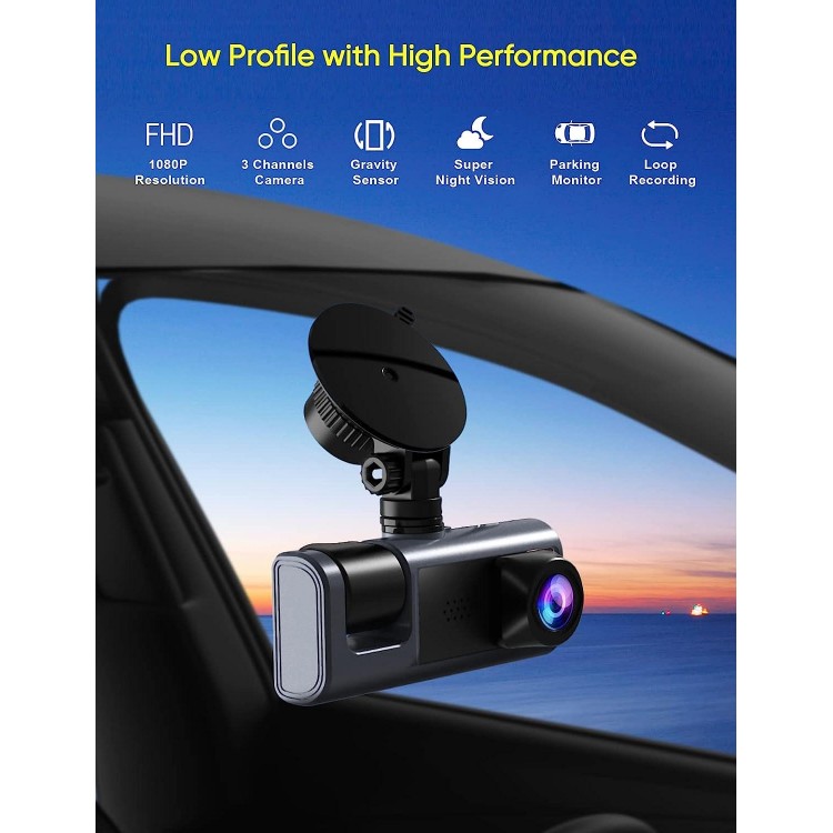 3 Channel Dash Cam Front and Rear Inside, 1080P Dash Camera for Cars, Dashcam Three Way Triple Car Camera