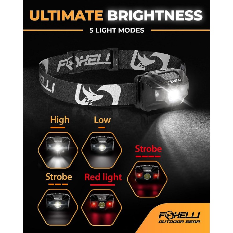 Foxelli LED Headlamp Rechargeable –Waterproof Head Lamp with Red Light