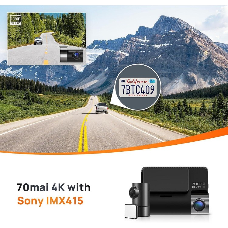 70mai True 4K Dash Cam A800S with Sony IMX415, Front and Rear, Built in GPS, Super Night Vision