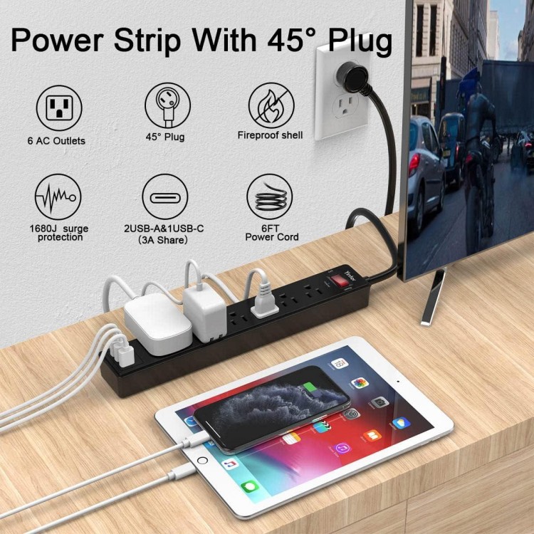 6Ft Power Strip Surge Protector - Yintar Extension Cord with 6 AC Outlets and 3 USB Ports for for Home