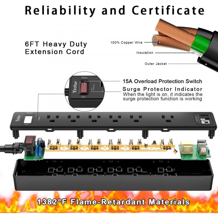 6Ft Power Strip Surge Protector - Yintar Extension Cord with 6 AC Outlets and 3 USB Ports for for Home