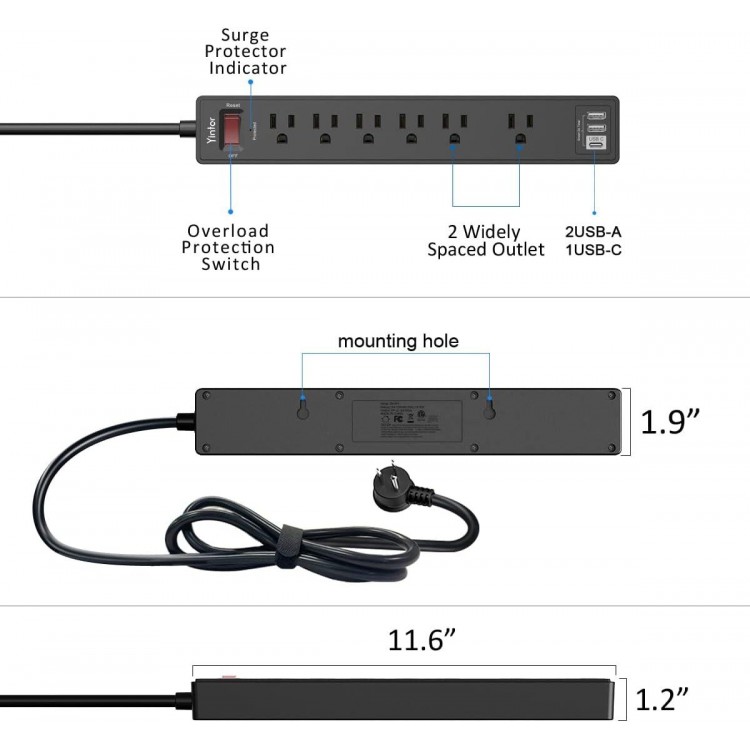 6Ft Power Strip Surge Protector - Yintar Extension Cord with 6 AC Outlets and 3 USB Ports for for Home