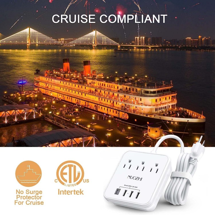 Cruise Essentials,6 Ft Power Strip with 3 Outlets and 4 USB Ports(1 USB C), Non Surge Protector