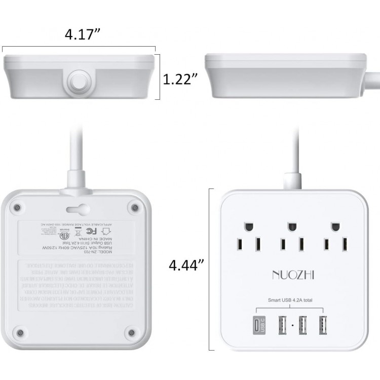 Cruise Essentials,6 Ft Power Strip with 3 Outlets and 4 USB Ports(1 USB C), Non Surge Protector