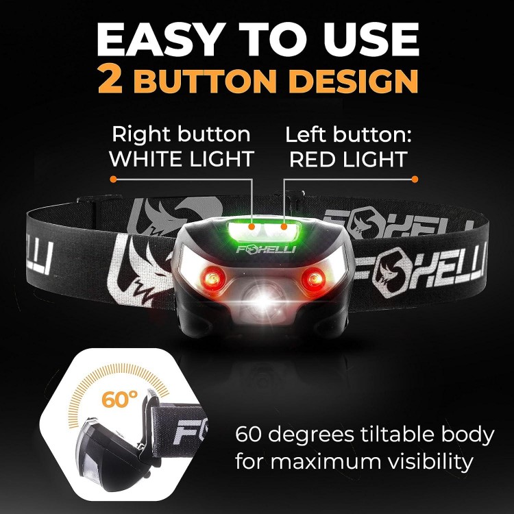 Foxelli Rechargeable Headlamp Flashlight - Super Bright LED Head Lamp