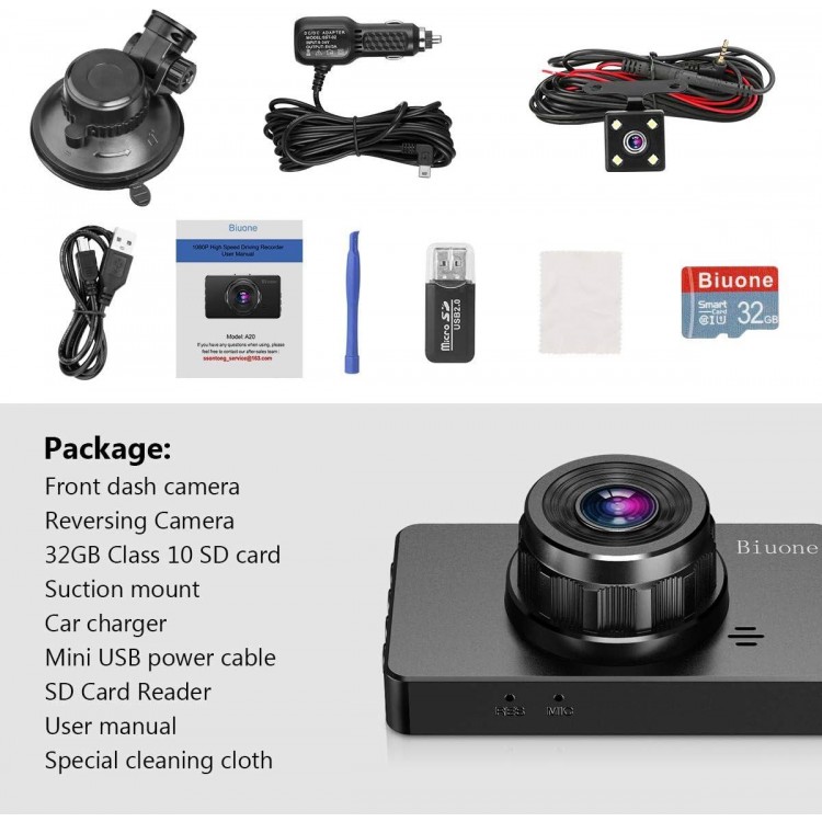 Dash Cam Front and Rear, Dash Camera for Cars with 32G SD Card Super Night Vision, 1080P FHD DVR DashCam Car Dashboard Camera