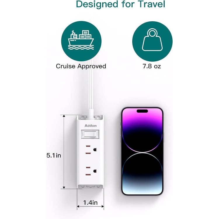 Cruise Essentials - Flat Plug Power Strip, Addtam 5 ft Ultra Flat Extension Cord