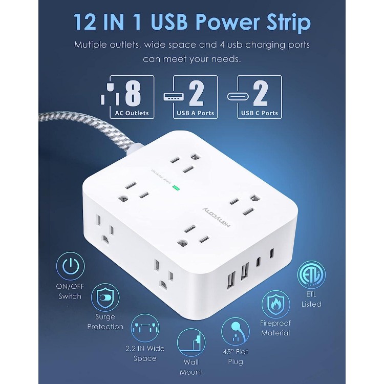 6Ft Surge Protector Power Strip with USB C, Extension Cord with 8 Wide Outlets(2.2 IN) and 4 USB Ports(2 USB C)