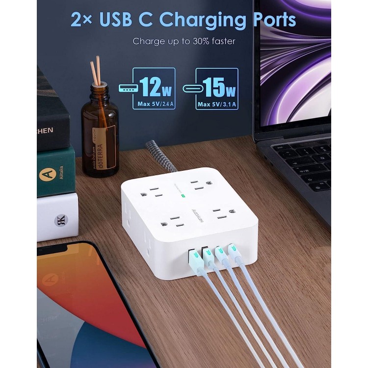 6Ft Surge Protector Power Strip with USB C, Extension Cord with 8 Wide Outlets(2.2 IN) and 4 USB Ports(2 USB C)