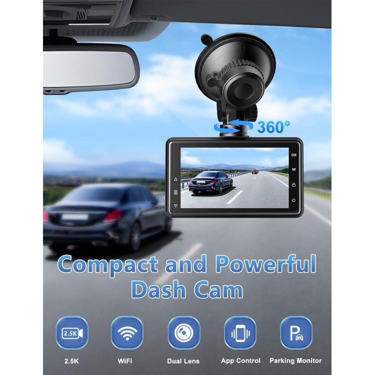 Dash Cam Front and Rear Camera, Otovoda 3Inch Screen WiFi Dash cam, 2.5K+1080P Dash Camera for Cars