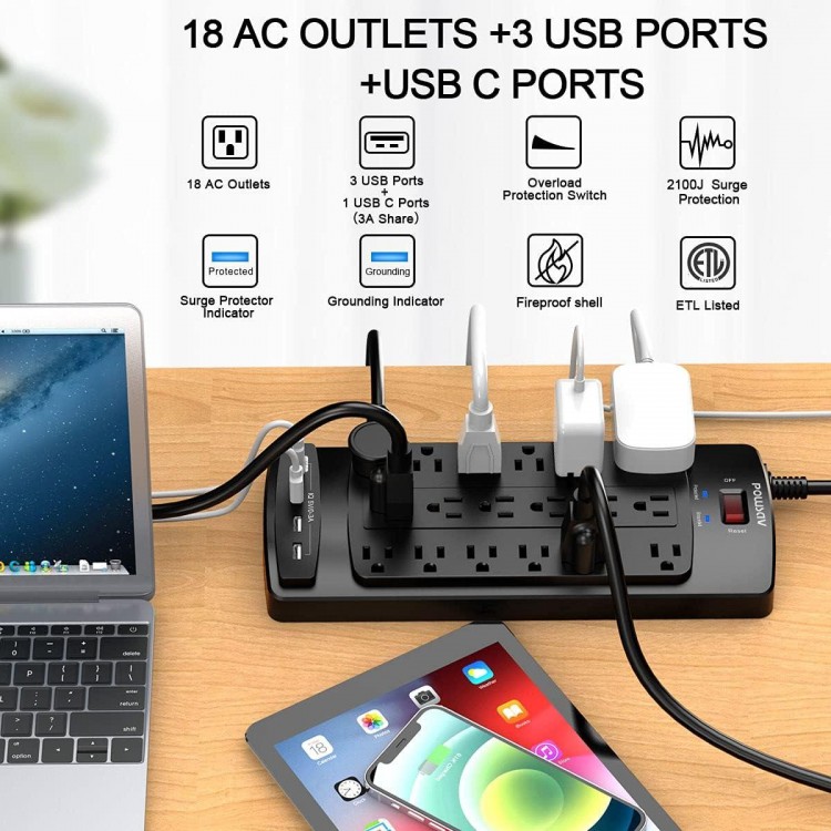 18 Outlets Surge Protector Power Strip - 8 Feet Flat Plug Heavy Duty Extension Cord