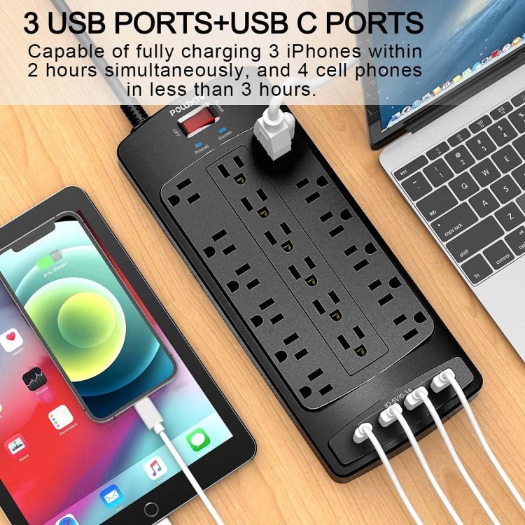 18 Outlets Surge Protector Power Strip - 8 Feet Flat Plug Heavy Duty Extension Cord