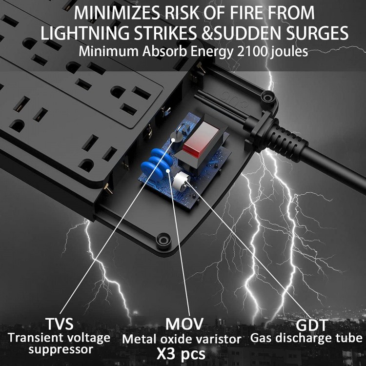 18 Outlets Surge Protector Power Strip - 8 Feet Flat Plug Heavy Duty Extension Cord