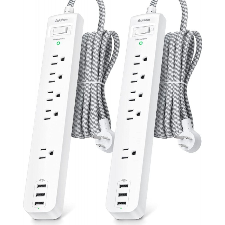 2 Pack Power Strip Surge Protector - 5 Widely Spaced Outlets 3 USB Charging Ports, 1875W/15A