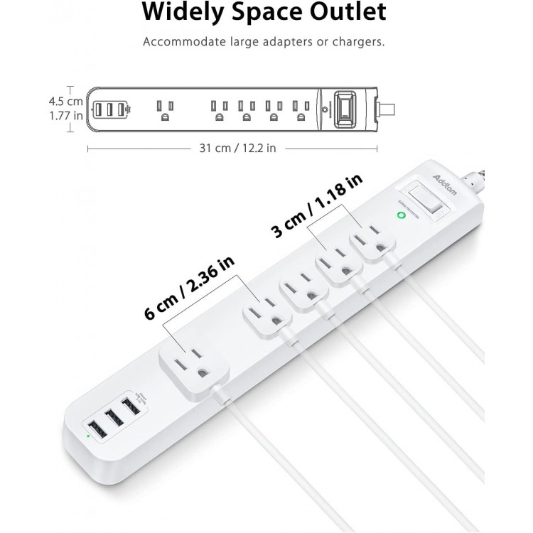 2 Pack Power Strip Surge Protector - 5 Widely Spaced Outlets 3 USB Charging Ports, 1875W/15A