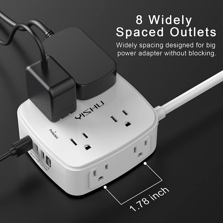 6 Ft Surge Protector Power Strip - 8 Widely Outlets with 4 USB Ports, 3 Side Outlet Extender