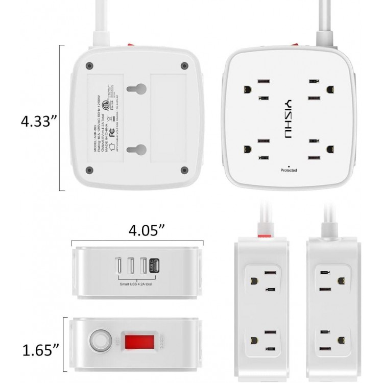 6 Ft Surge Protector Power Strip - 8 Widely Outlets with 4 USB Ports, 3 Side Outlet Extender