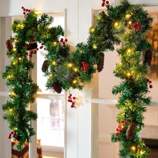 9FT Christmas Garland Decoration with 50 Warm Led Lights,with Pine Cones