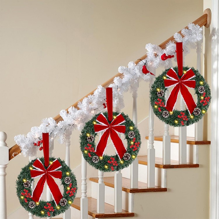 Hausse Set of 3 Christmas Wreaths, Lighted Artificial Christmas Wreath