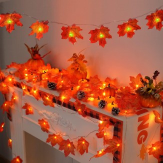 YEGUO Thanksgiving Decorations - LED Lighted Fall Garland Maple Leaves