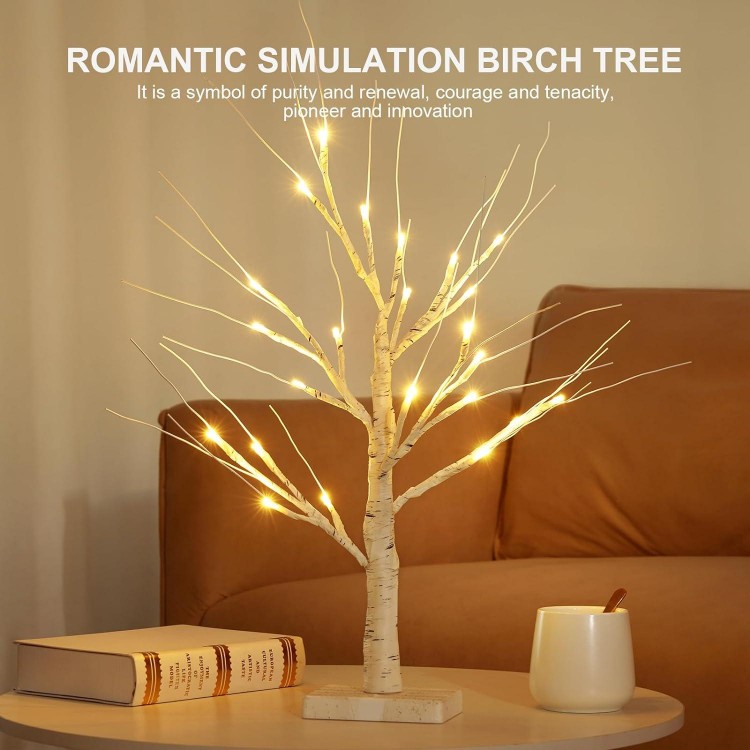 YEAHOME 2FT Birch Tree Light - 24 Warm White LEDs, Battery Powered with Timer