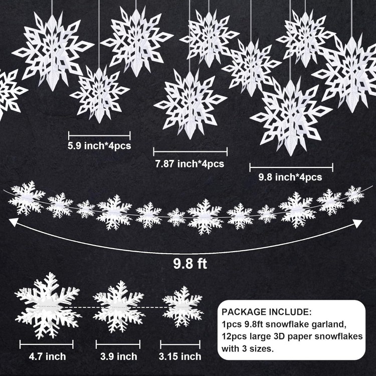 24PCS Snowflake Christmas Decorations - 3D Large White Paper Snowflakes