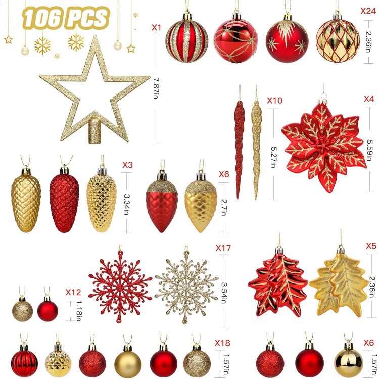 Christmas Balls Ornaments Set, Shatterproof Plastic Decorative Baubles