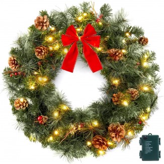 Pre-Lit Handcrafted Christmas Wreath, Battery Operated Christmas Wreaths