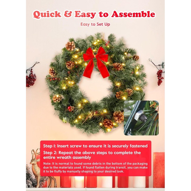 Pre-Lit Handcrafted Christmas Wreath, Battery Operated Christmas Wreaths