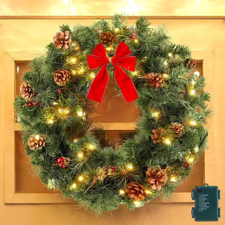 Pre-Lit Handcrafted Christmas Wreath, Battery Operated Christmas Wreaths