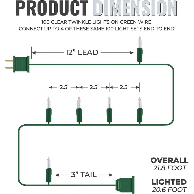 612 Vermont 100 Clear Twinkle Christmas Lights - 12 Twinkling Lights